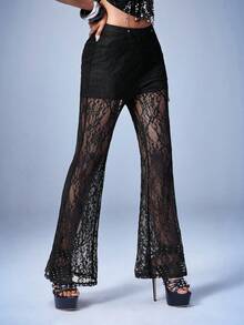 Y2Kool BiGraphic 情人节女士黑色优雅休闲高腰喇叭蕾丝针织裤，千禧年派对，黑色拼接，秋冬款 - 黑色 - 查看 4