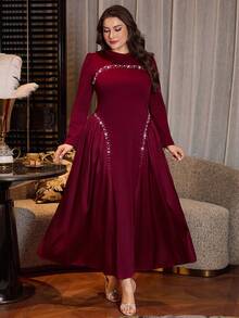 Modelyn 珠饰水钻点缀 A 字型喇叭拼接优雅大码正式礼服 - 酒紅色 - 查看 5