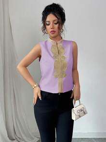 Rafferiza Áo kiểu nữ thanh lịch cổ chữ V thêu ren phối nhiều mảnh - Màu tím - Xem 3