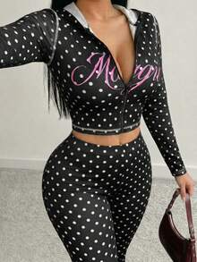 SHEIN SXY 两件套加大码波点印花连帽长袖上衣和喇叭裤套装 - 黑色 - 查看 3