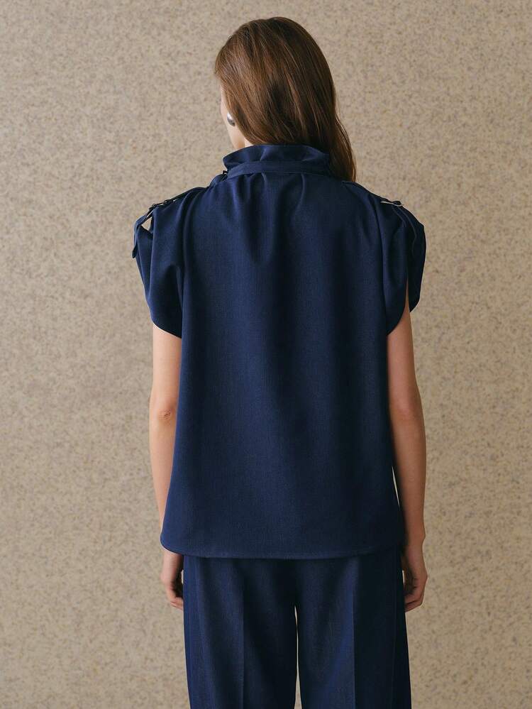 Women's Vintage Adjustable Ruffle Collar Sleeveless Pullover Top, Spring/Summer Navy Blue Blouses