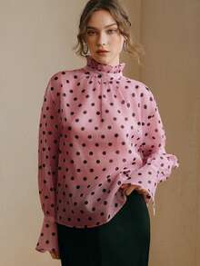 Anewsta Romantic Vacation Style Valentine's Day Pink & Black Polka Dot Ruffle Collar Long Sleeve Blouse For Women - Pink - View 4