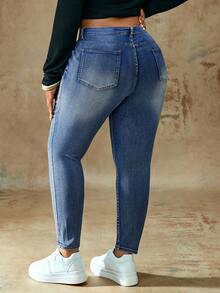 Truni Plus Size Women Casual Distressed Slim Fit Jeans, For Pear & Triangle Body Shape - Blue - View 2