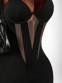 Amplova Neujahr & Valentinstag schwarzer transparenter sexy tief ausgeschnittener gepolsterter Büsten-Bodysuit-Shorts - Schwarz - Übersicht 6