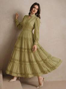 Anewsta Elegant Women's Lime Green A-Line Long Dress With Notched Neckline Ruffle Hem And Organza Puff Extra-Long Sleeves For Spring Summer - Lime Green - View 1