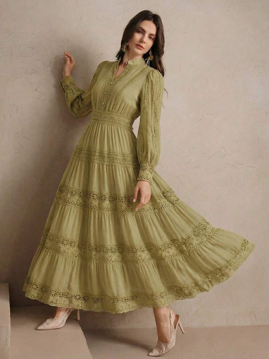 Anewsta Elegant Women's Lime Green A-Line Long Dress With Notched Neckline Ruffle Hem And Organza Puff Extra-Long Sleeves For Spring Summer - Lime Green - View 1