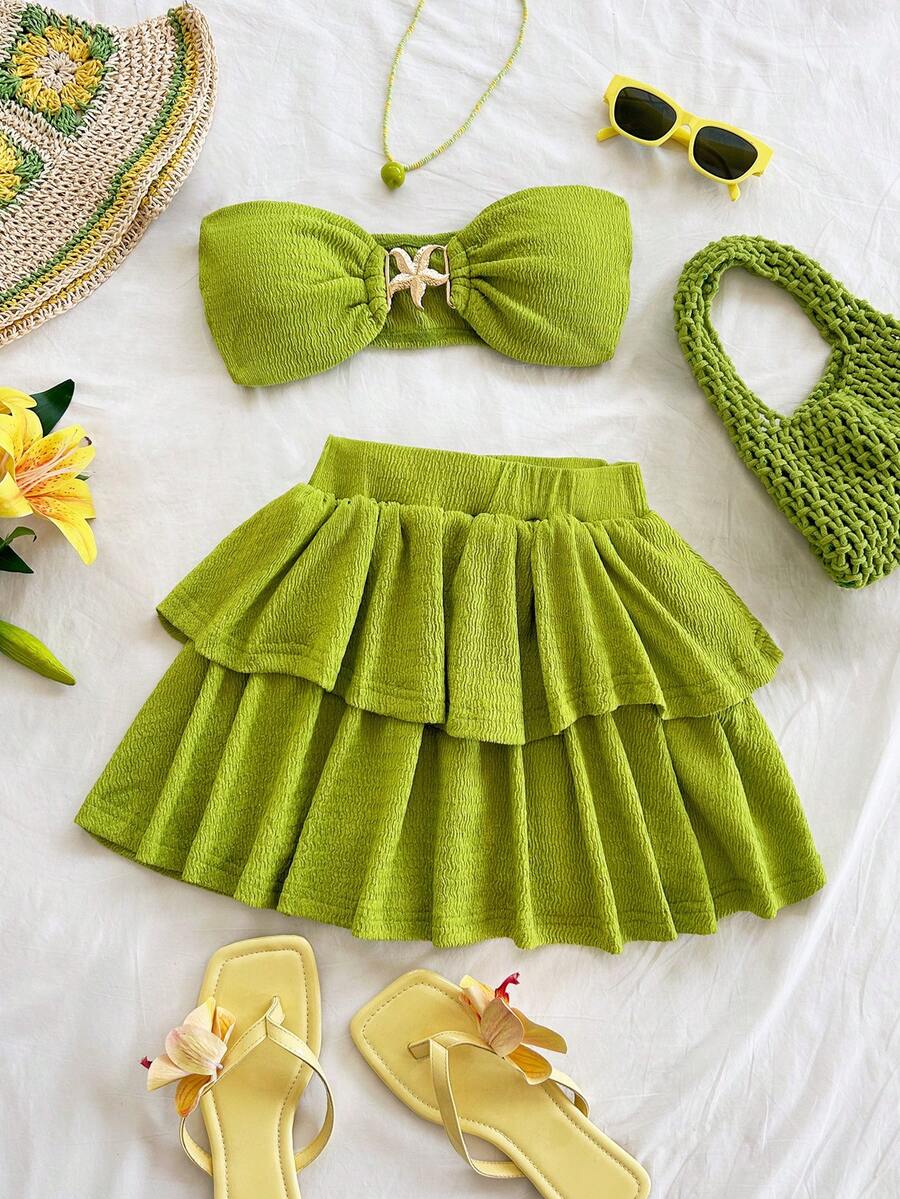 Soleia 春夏假日镂空海星金属抹胸露脐上衣和多层迷你裙针织纹理两件套，适合假日、约会、下午茶、度假、音乐节、波西米亚风度假等场合。 - 綠色 - 查看 1