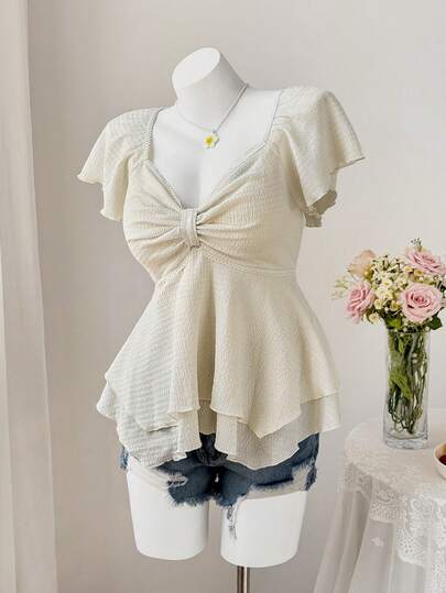 Sweetra Áo thun nữ cỡ lớn kiểu dáng thanh lịch, đơn giản, cúp ngực kiểu Pháp, dáng chữ A, tay ngắn, viền bèo nhún, thích hợp cho mùa hè.