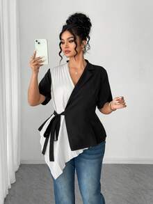 Elenzga Plus Size Casual Pleated Tie-Up Patchwork Fashion Shirt Women Blouses Elegant Black And White Blouse Black And White Shirt Wrap Tops For Women Business Casual Tops Woman - Black and White - View 1