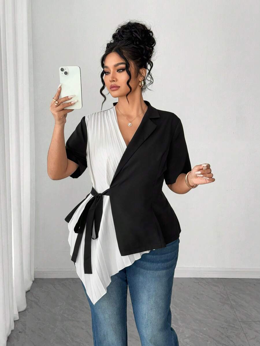 Elenzga Plus Size Casual Pleated Tie-Up Patchwork Fashion Shirt Women Blouses Elegant Black And White Blouse Black And White Shirt Wrap Tops For Women Business Casual Tops Woman - Black and White - View 1