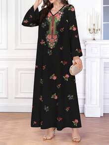 Al Najma 女士优雅印花阿拉伯风格 V 领长袖连衣裙 - 黑色 - 查看 3