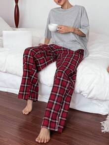 Dazy Kids Teen Girl Solid Color Round Neck Short Sleeve Top And Plaid Wide Leg Pants Casual Loungewear Set Spring Summer - Grey - View 8