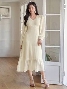 DAZY Elegant enfärgad spetsklänning med lapptäcke för kvinnor, mellanlång klänning för vår/sommar, sommarklänning för bröllopsgäster - Beige - Visa 3