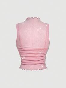 SHEIN MOD Áo kiểu dáng cỡ lớn mùa xuân/hè màu hồng phối chỉ kim loại, cổ cao, thanh lịch và lãng mạn, tối giản, hơi xuyên thấu, đơn giản. - Hồng - Xem 3
