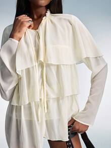 Aveloria GENKIRA Blusa elegante e sofisticata, dal design alla moda e versatile, in seta con laccetti, multistrato in pizzo e chiffon, con volant e balze, adatta per il pendolarismo, stile bohémien, manica lunga - Bianco - Visualizzare 4