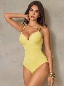 Shapewave 1pc Women's Slimming Backless U-Shaped Criss-Cross Strap One-Piece Swimsuit, Fashionable Casual Vacation Wear - Yellow - View 7