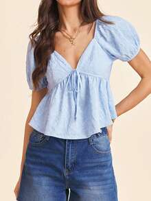 Coeurva Women's Vacation Top,Women's Elegant Casual Romantic Sexy Vacation Jacquard Blouse, Blue Ladies Top,Women's Summer Outfits, Vacation Outfits Women,Summer Tops - Baby Blue - View 9