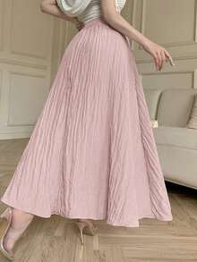 Modelyn 纯色褶裥设计松紧腰宽松A字优雅女裙，春夏款 - 粉色 - 查看 6