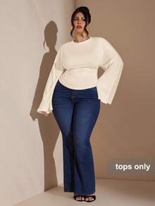 SHEIN BAE Plus Size Elegant Minimalist Solid Color Ruched Waist T-Shirt, Suitable For Commuting, Autumn - Apricot - View 4