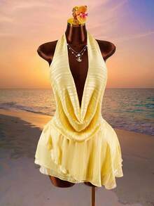 Amplova Vestido con cuello drapeado exagerado, lazo de cinta y drapeado fruncido - amarillo ganso - Ver 5