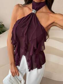 SHEIN Tall 女士优雅多层荷叶边立领修身背心 紫色 - 紫色 - 查看 6