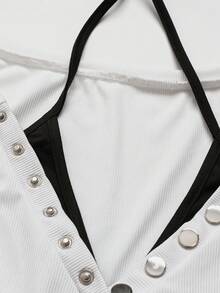 Sunspun Fashionable Mock Neck Cinched Waist V-Neck Knit T-Shirt - White - View 5