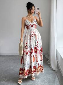 SHEIN Elenzya 女士吊带收腰印花长款休闲复古优雅连衣裙，适合度假、约会、日常穿着、外出、派对、春夏穿着。 - 彩色 - 查看 3
