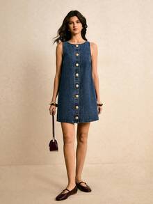 Poéselle 女士休闲前扣无袖牛仔连衣裙，夏季 - 淺色水洗藍 - 查看 7