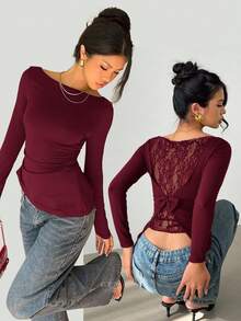 SHEIN PETITE CURVE Plus Size Elegant Solid Color Lace Patchwork Asymmetric Hem T-Shirt - Burgundy - View 9
