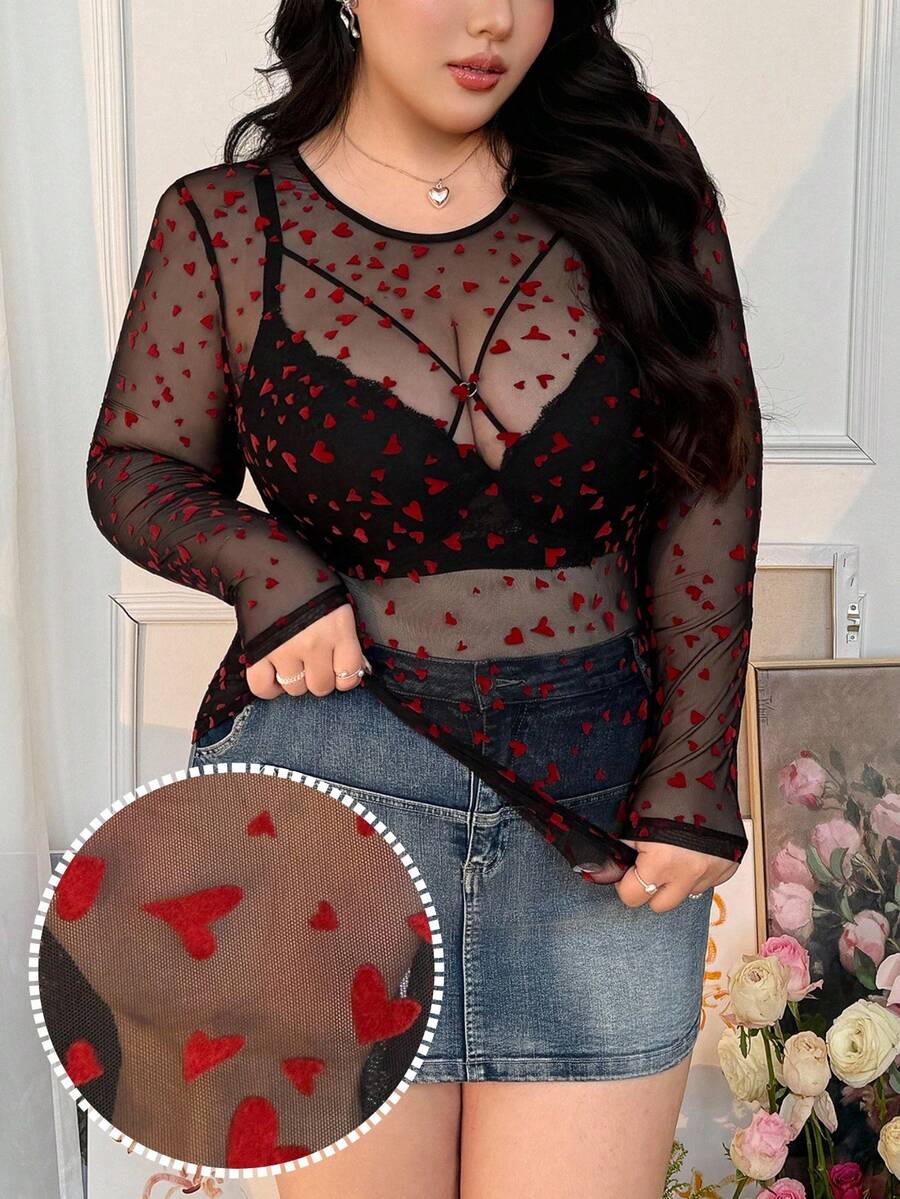 CovetEZ 大码女式透视爱心网纱长袖上衣，适合春夏穿着，情人节适用 - 彩色 - 查看 1