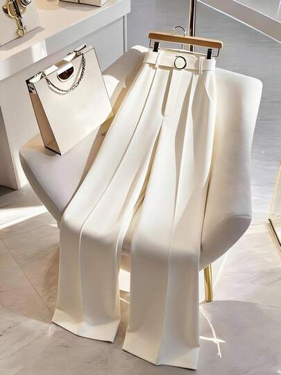 GlowEve CURVE 大码女式纯色直筒裤，优雅金属扣腰带通勤裤，春夏款