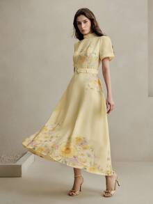 Anewsta Women's Light Yellow Woven Fabric Midi Dress With Belted Waist And Flared Hem Floral Pattern - Light Yellow - View 6