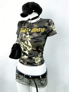 Lalippa Women's Letter Camouflage Print Round Neck Short Sleeve Cropped T-Shirt - Multicolor - View 3