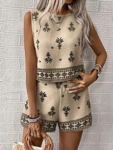 EMERY ROSE Women's Woven Printed Summer Two Pieces Vacation Set - Apricot - View 4