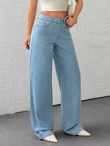 EURMUSE Jeans de tiro alto y pierna ancha para mujer - Denim azul clásico, ajuste recto minimalista, estilo casual de uso diario - Azul lavado medio - Ver 1