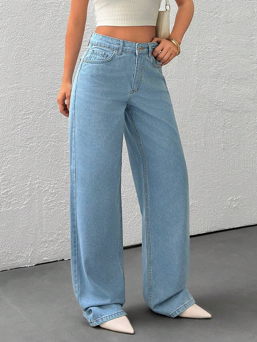 EURMUSE Jeans de tiro alto y pierna ancha para mujer - Denim azul clásico, ajuste recto minimalista, estilo casual de uso diario - Azul lavado medio - Ver 1