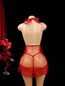 Women's Lace & Mesh Contrast Halter Neck Babydoll Lingerie Dress - Burgundy - View 2