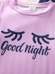 Teen GirlPurple Minimalist Eyelash & Cloud Pattern Long Sleeve Top And Leggings 2 Pieces Pajama Set Snug Fit Purple Pajamas Set Girl Pajama Sets - Purple - View 5