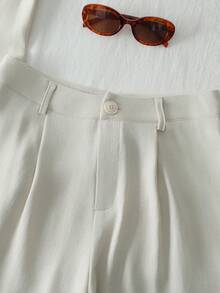 Omancia 女士杏色纯色面料西装外套，立领设计，收腰A字型无袖西装外套背心和短裤两件套 - 杏色 - 查看 4