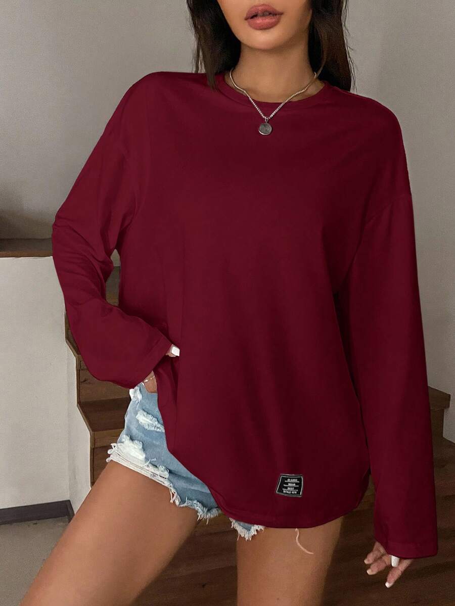 SHEIN EZwear Áo thun dài tay cổ tròn dáng rộng màu đỏ tía, cỡ lớn, phong cách thường ngày. - Màu Đỏ Sâu - Xem 1