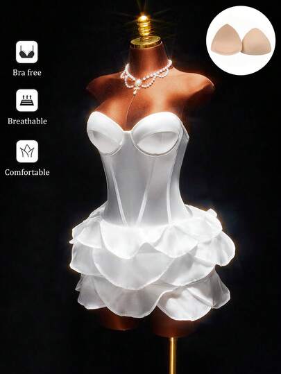 Amplova Y2k Elegant Sexy Ruffle Hem Bandeau Mini Dress White Satin Dress Bride Bride Swimsuit White Corset Dress Sexy Birthday Dress White Cocktail Dress Nurse White Club Dress Bride To Be Vacation Outfits Women Y2K Valentine's Day Bra Cups, Padded Chest, Sweetheart Neckline, Satin, Fitted Waist, Elegant Petal Design, Afternoon Tea Dress, Party Dress, Wedding Dress, Floral Mini Dress