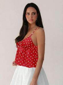 Almamuse Women's Summer Beach Vacation Polka Dot Print Twist Front Babydoll Cami Top Cute Red Top Red Summer Top Pokadot Top Polkadot Top Red Top Women - Red - View 4