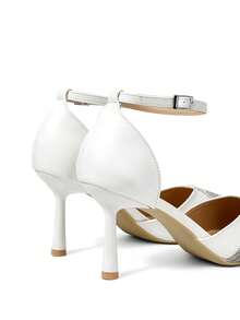 CUCCOO HITCHD 黑色水晶装饰绑带高跟鞋，尖头镂空设计，适合通勤、约会、派对等各种场合，秋季时尚之选。 - 純白色 - 查看 11