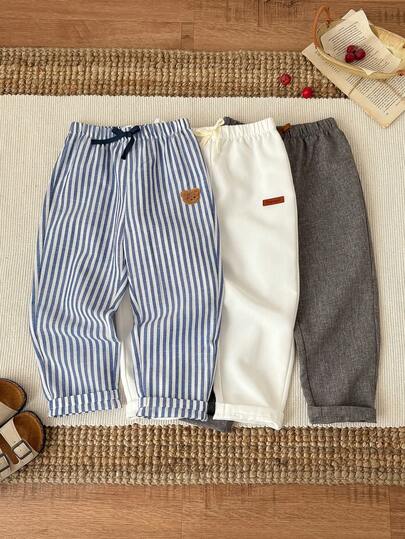 SHEIN 3件套男童休闲百搭裤，灰、白、蓝、白条纹，适合休闲外出和正式场合，春夏款