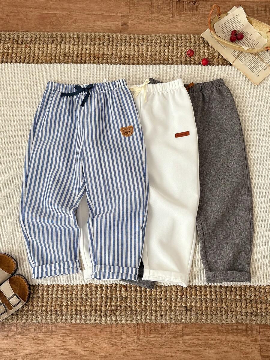 SHEIN 3件套男童休闲百搭裤，灰、白、蓝、白条纹，适合休闲外出和正式场合，春夏款 - 彩色 - 查看 1