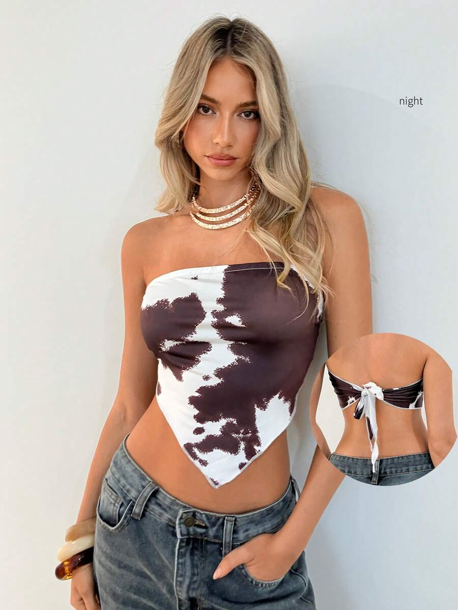 Aloruh 女士Y2K扎染印花不对称下摆时尚抹胸上衣 - 白色 - 查看 1