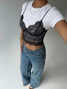 Aloruh Top d'été femme à manches courtes avec panneau en dentelle 2 en 1, Top ajusté col rond - Noir et Blanc - Voir 5