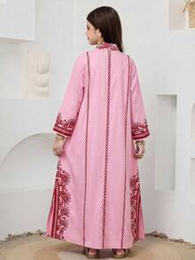 SHEIN Robe à encolure échancrée avec imprimé floral et ourlet fendu pour jeune fille - Rose bonbon - Voir 4