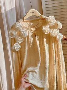 Modelyn Maglione a maniche lunghe con motivo floreale 3D in maglia tinta unita, taglie comode per donna - Albicocca - Visualizzare 6