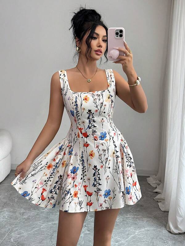 Selianne Romantic French Style Colorful Floral Square Neck Camisole Dress, Sweet & Age-Reducing High Waist A-Line Dress, Summer Waist Cinched Floral Beach/Office Dress, Elegant & Sexy Ladies Summer Dress